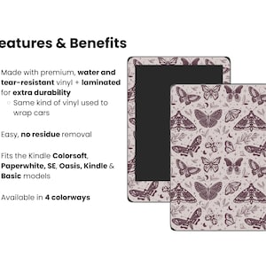 May include: Two Kindle e-reader skins with a butterfly pattern. The skin on the left is black and the skin on the right is a light pink with a dark purple butterfly pattern. Features & Benefits text is visible on the left side of the image.