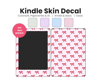 May include: A pink and red Kindle skin decal with a bow pattern. The decal is designed to fit 2024 Kindle models, including the Colorsoft, Paperwhite & SE, Kindle & Basic, and Oasis.