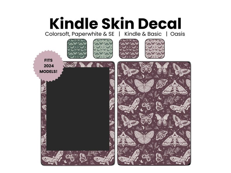 May include: A purple Kindle e-reader skin decal with a white butterfly and moth pattern. The decal fits 2024 Kindle models.