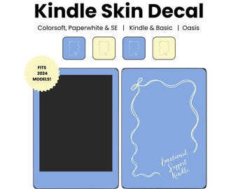 May include: A light blue Kindle skin decal with the text "Kindle Skin Decal". The decal is designed for 2024 models and features a white outline design and the words "Emotional Support Kindle".