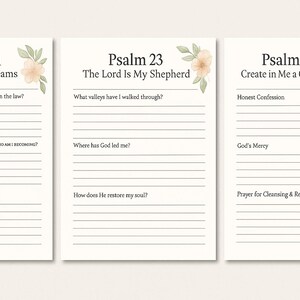 Può includere: Tre pagine di diario con decorazioni floreali e testo. Le pagine sono intitolate "Salmo 1", "Salmo 23" e "Salmo 51". Ogni pagina presenta spunti di riflessione, come "Cosa significa dilettarsi nella legge?" e "Confessione onesta."