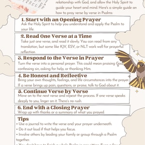 May include: A guide titled "How to Pray Verse by Verse in Psalms" with instructions on praying through Psalms. The guide includes steps like starting with prayer, reading a verse, responding in prayer, and reflection. Includes tips and illustrations.
