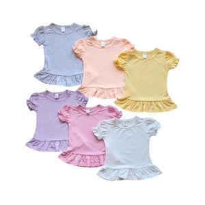 Toddler Polyester Ruffle Shirt: Soft Tunic Style with Ruffle Sleeve & Bottom - Ideal for Sublimation, Vinyl, Embroidery, or DTF DIY Projects