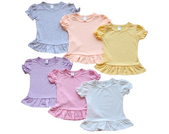 Toddler Polyester Ruffle Shirt: Soft Tunic Style with Ruffle Sleeve & Bottom - Ideal for Sublimation, Vinyl, Embroidery, or DTF DIY Projects