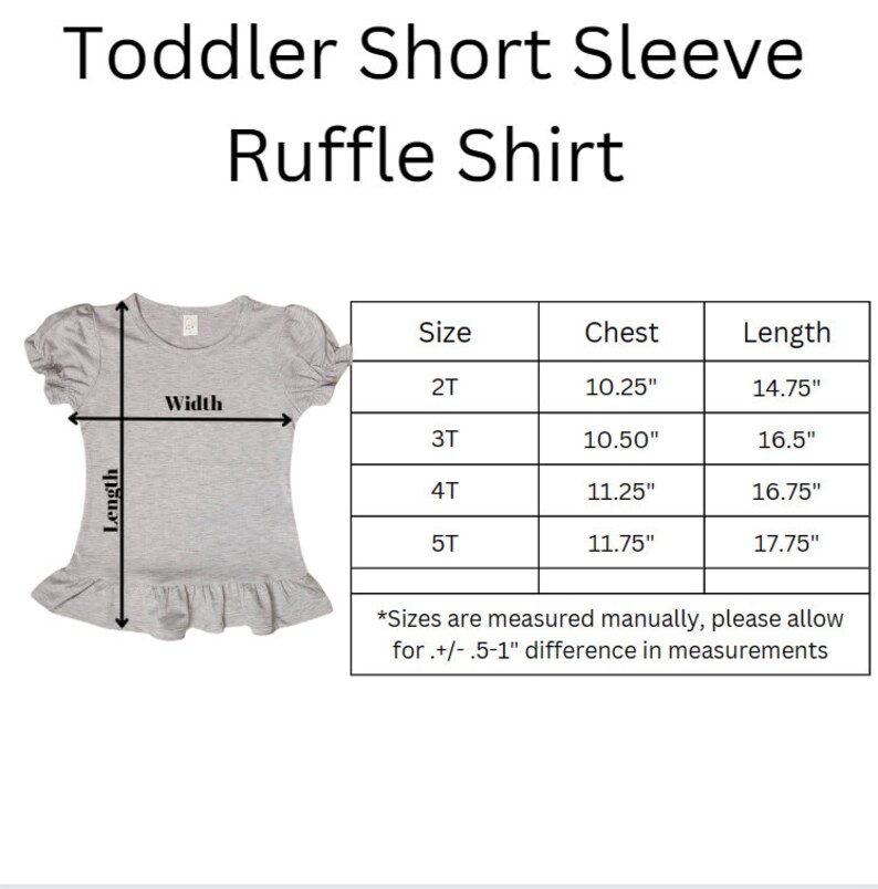K&ouml;nnte beinhalten: Ein graues kurz&auml;rmeliges R&uuml;schenshirt f&uuml;r Kleinkinder mit einer Gr&ouml;&szlig;entabelle, die Ma&szlig;e in Zoll f&uuml;r die Gr&ouml;&szlig;en 2T bis 5T anzeigt. Die Tabelle enth&auml;lt Spalten f&uuml;r Gr&ouml;&szlig;e, Brustumfang und L&auml;nge sowie einen Hinweis zu Abweichungen.