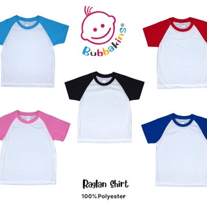 May include: Five blank white raglan shirts with different colored sleeves. The sleeves are blue, red, black, pink, and royal blue. The shirts are 100% polyester. The shirts are displayed on a white background. The text "Raglan Shirt" and "100% Polyester" is displayed below the shirts.