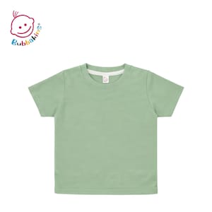May include: A solid sage green short-sleeved t-shirt with a crew neckline and a white inner collar trim. The shirt features a small white brand tag at the neck and the Bubbakins logo in the upper left corner with a stylized baby face icon.