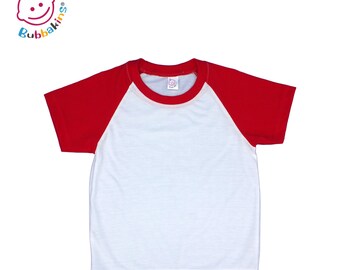 May include: A short-sleeve raglan t-shirt with a white body and red sleeves. The neckline is trimmed in red. A small white tag is visible inside the collar. The logo for Bubbakins is printed in the upper left corner with a baby face icon.
