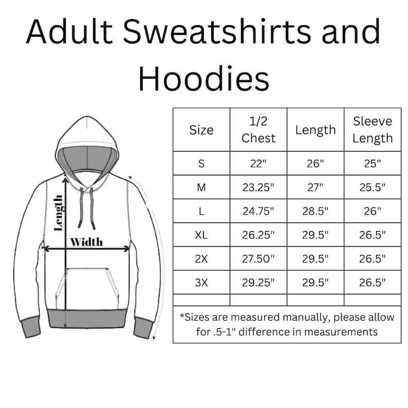 May include: Image shows a size chart for adult sweatshirts and hoodies. The chart includes measurements for chest, length, and sleeve length in inches for sizes S, M, L, XL, 2X, and 3X. The text at the top reads "Adult Sweatshirts and Hoodies."