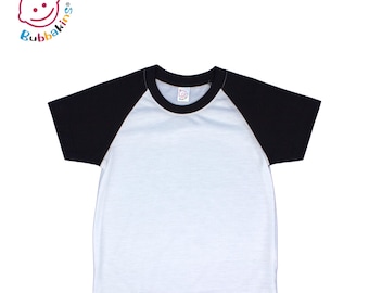 May include: A short-sleeve raglan t-shirt with a solid white torso and black sleeves. The shirt features a round black neckline and a small white label inside the collar with the Bubbakins logo, which also appears in the top left corner.