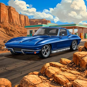May include: A bright blue vintage sports car parked on a desert road near a gas station with a Route 66 sign. The scene features rocky terrain, a clear blue sky with white clouds, and a classic car design with chrome wheels and side vents.