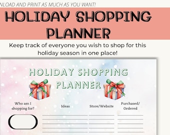 May include: A printable holiday shopping planner with a watercolor background of pink, blue, and white. The planner has a title that says "Holiday Shopping Planner" and includes sections for who you are shopping for, ideas, store or website, and purchased or ordered.