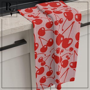 Cherry Fruit Tea Towel on Pink Microfiber Dish Towel Farmhouse Kitchen Decor