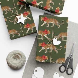 Wrapping Paper: Leopard with Bow in Olive (Christmas, Holiday, Birthday, Housewarming Gift Wrap)