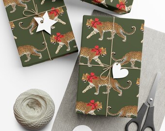 Wrapping Paper: Leopard with Bow in Olive (Christmas, Holiday, Birthday, Housewarming Gift Wrap)