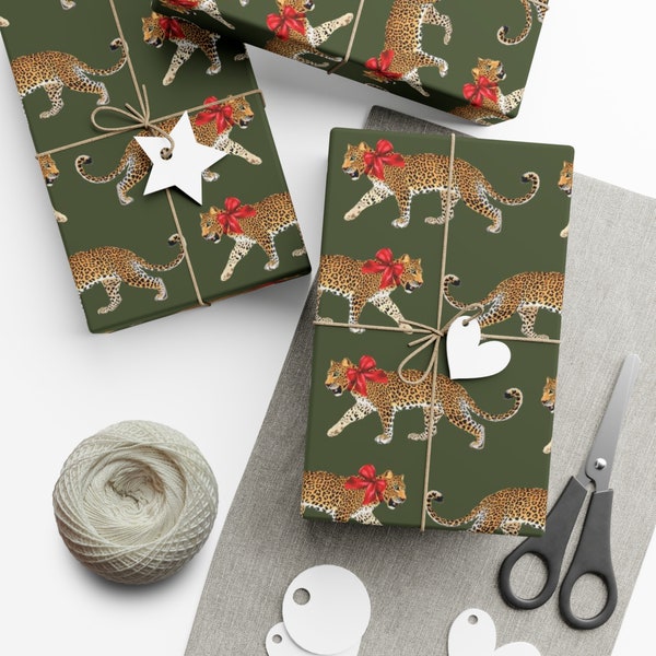 Wrapping Paper: Leopard with Bow in Olive (Christmas, Holiday, Birthday, Housewarming Gift Wrap)