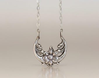 Sterling Silver Moonflower Necklace, Die Struck Floral Crescent Pendant, Antique Style Moon and Flower Jewelry, Artisan Milled Silver