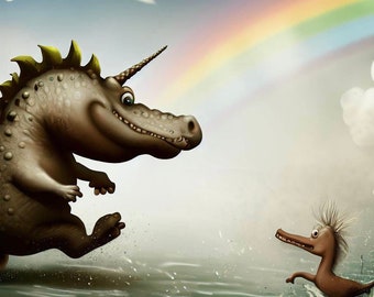Unicorn Dragon Art Print, Rainbow Fantasy Scene