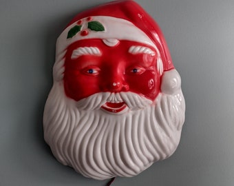 Vintage 1960s NOMA Light Up Santa Face: Blow Mold Christmas Wall Hanging