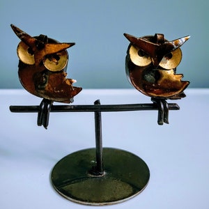 Mid Century Metal Owl Sculpture, Brutalist Style Retro Figurine, Metal Art, Welded Steel/Brass, Small Pair of Owls, Owl Art, Unique Gift