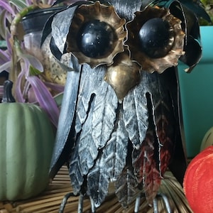 Mid-century brutalist vintage metal owl sculpture