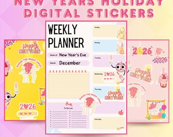 New Year's Eve Planner Stickers | Kawaii Digital Stickers (PNG)
