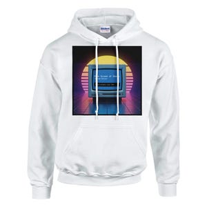 May include: White hoodie featuring a retro graphic of a vintage computer displaying the text "Blue Screen of Death". The graphic has a sunset design with purple and yellow hues.