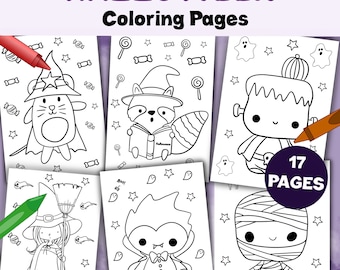 17 Halloween Jpeg Images Coloring Pages, Printable Cute Pages For Kids, Downloadable Halloween Coloring Book, Happy Halloween Package