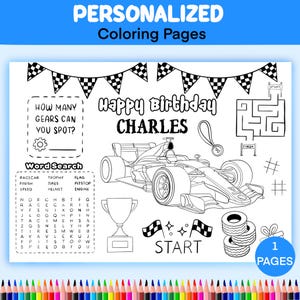 Personalized Race Car Birthday Party, Race Car Themed Party Gift, Fast One Race Car Theme Birthday Racing Car, Puzzle Activity Coloring Page