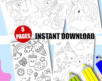 May include: Five black and white coloring pages featuring unicorns, rainbows, stars, and other magical elements. The text "5 Pages" and "Instant Download" is included on the image.
