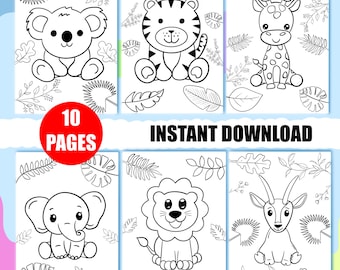 Safari Animals Coloring Pages for Kids, Kawaii Style (Digital Download)