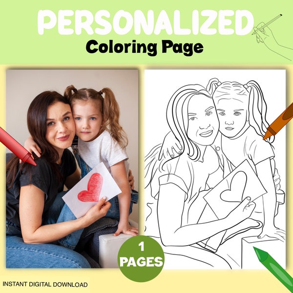 Coloriage dessin à partir d'une photo, livre de coloriage personnalisé mère et enfant, feuille personnalisée imprimable téléchargeable, portrait en peinture