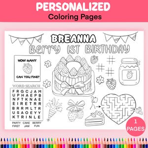 Berry First Birthday, Strawberry Birthday Party Activity Sheet, Strawberry Theme Party Favor, Personalized Fruit Party, Strawberry Coloring