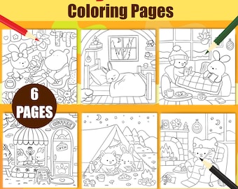 May include: Six black and white coloring pages featuring cozy scenes with animals. The scenes include a coffee shop, a bedroom, a living room, a tent, and a fireplace. The text "Cozy Theme Coloring Pages" and "6 PAGES" are included in the image.