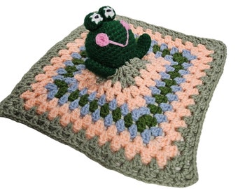Hand Crocheted Knit Frog Lovey Plush Toy Stuffed Animal Baby Shower Gift Green