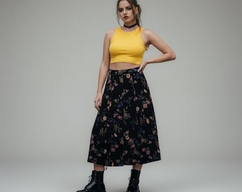 Vtg 90s Grunge Skirt Women L 12 14 Floral Midi Made in USA Black Yellow Blue