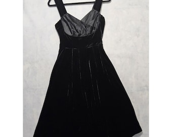 Vtg 50s Dress Sz XS 0 / 2 Black Velvet Fit & Flare Formal Rockabilly 40s Holiday