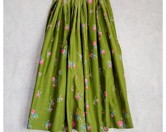 Vtg 50s Skirt 2 XS Full Midi Pleated Novelty Print Floral Green Pink Roses True
