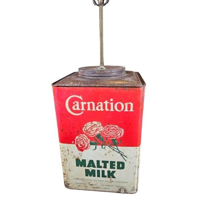 Country Primitive Lamp Vtg Antique Carnation Malted Milk Tin Can