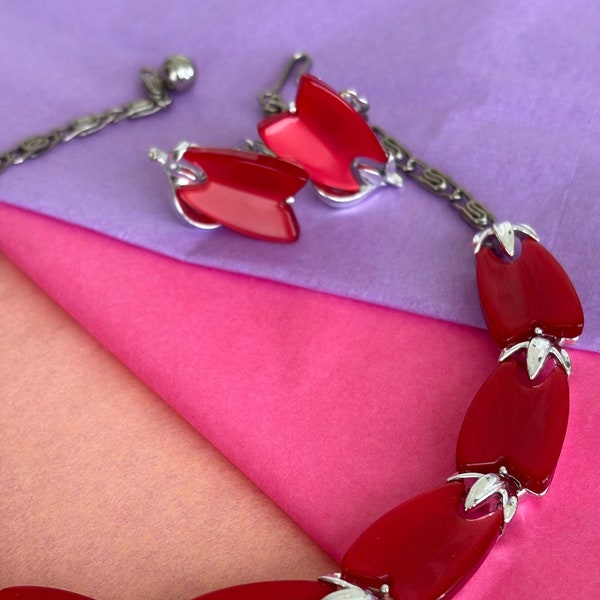 Lisner Ruby Red Abstract Tulips and Bright Silver Necklace and Earrings