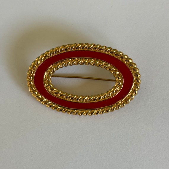 Classic Gold-plated Braid and Red Enamel Oval Bro… - image 5