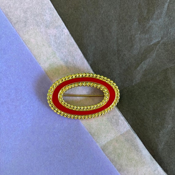 Classic Gold-plated Braid and Red Enamel Oval Bro… - image 2