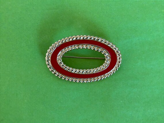Classic Gold-plated Braid and Red Enamel Oval Bro… - image 6