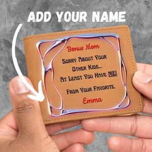Personalized Humor Leather Wallet, Gift For Bonus Mom, Birthday Gift, Mothers Day Gift, Step Mom Christmas Gift, Engraved Bifold Wallet