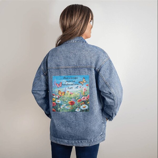 Mother's day Gift. Butterfly Garden - Oversized Women's Denim Jacket