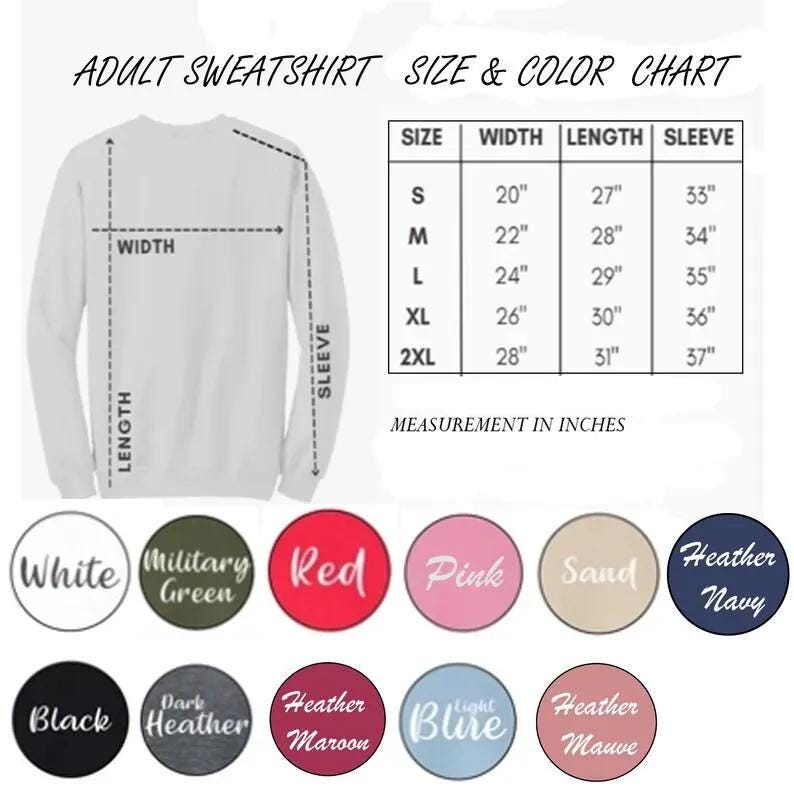 Op de afbeelding: Maat- en kleurentabel voor sweatshirts voor volwassenen in het wit. De tabel toont de afmetingen in inches voor breedte, lengte en mouw voor de maten S, M, L, XL en 2XL. Kleuropties zijn wit, legergroen, rood, roze, zand, heather navy, zwart, dark heather, heather maroon, light blure en heather mauve.