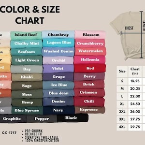 May include: Color and size chart for t-shirts, featuring a variety of colors like white, blue, and pink. Includes chest and length measurements in inches for sizes S to 4XL. The shirt is pre-shrunk, relaxed fit, and made of 100% ringspun cotton.