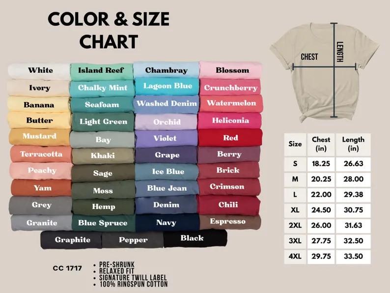 May include: Color and size chart for t-shirts, featuring a variety of colors like white, blue, and pink. Includes chest and length measurements in inches for sizes S to 4XL. The shirt is pre-shrunk, relaxed fit, and made of 100% ringspun cotton.