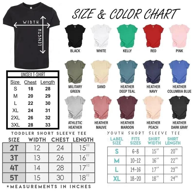 Op de afbeelding: Een maat- en kleurentabel voor t-shirts, inclusief unisex en jeugdmaten. De tabel toont verschillende kleuren zoals zwart, wit en roze, met afmetingen in inches voor borst en lengte. De afbeelding toont ook een zwart t-shirt met breedte- en lengte-indicatoren.