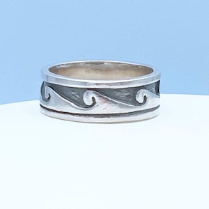 May include: A silver ring with a wave design. The ring features a band with a repeating pattern of stylized waves in a dark gray color, set against a silver background. The ring is displayed on a white surface with a light blue backdrop.